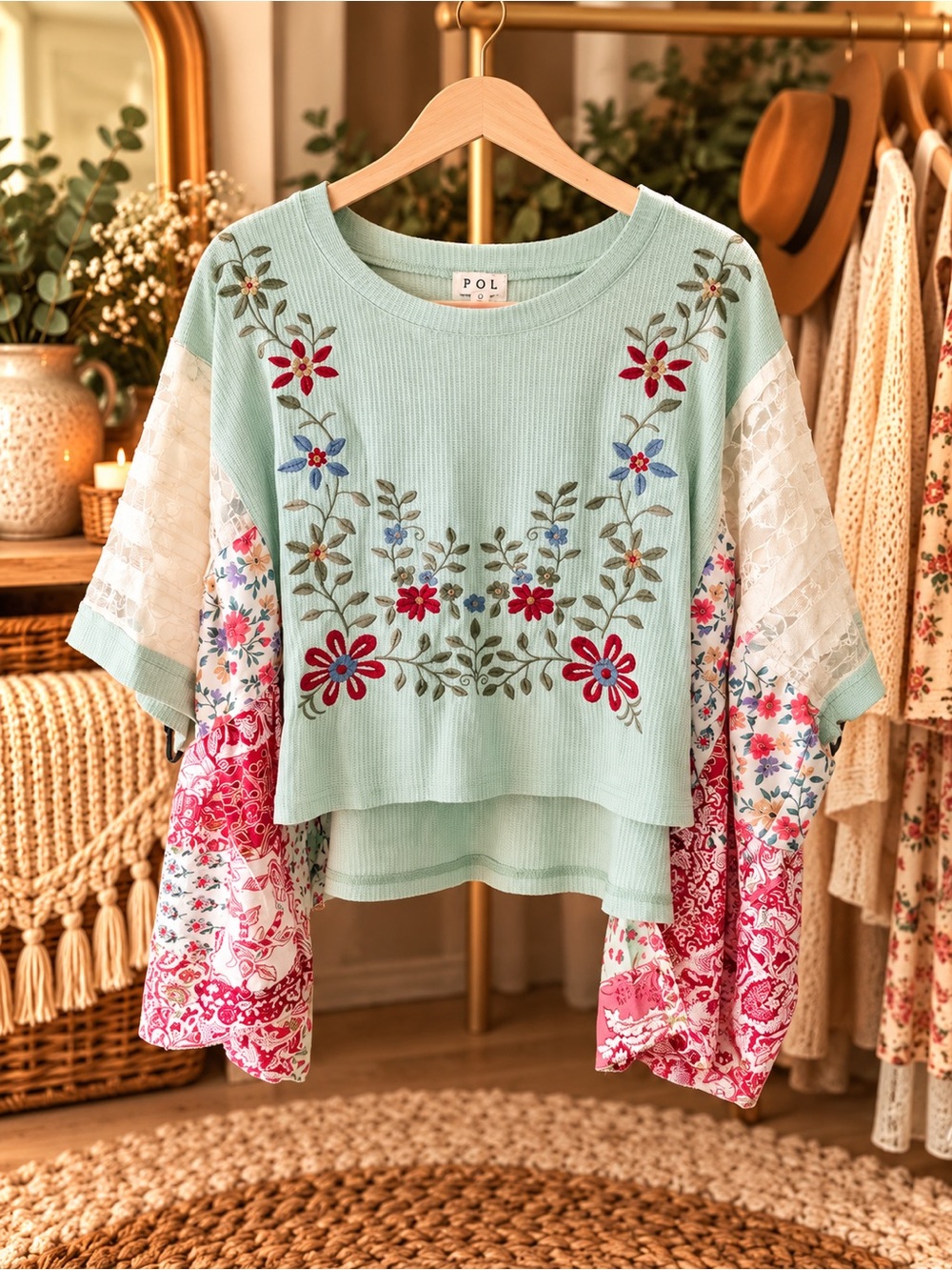POL Mint Embroidered Patchwork Bell-Sleeve Top